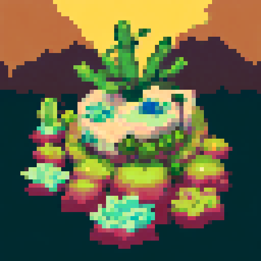 16 bit pixel art background of a desert landscape with a couple of cactus with a flat part for people to stand on in the foreground and desert mountains and rock structures in the background