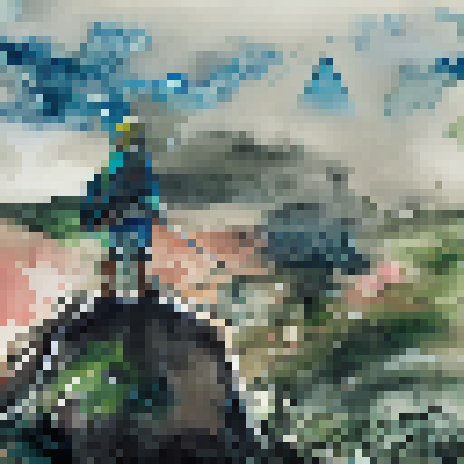 Link from legend of zelda standing on a mountaintop overlooking Hyrule field