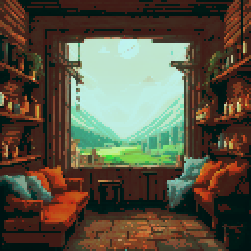 Cozy, warm, rustic tavern with wooden beams, flickering fireplace, colorful stained glass windows, shelves lined with bottles of various potions, whimsical fairy lights hanging from the rafters, cozy nooks with plush velvet cushions, stone walls adorned with intricate tapestries, a bard strumming a lute, a friendly bartender pouring frothy mugs of ale, and a view of a serene, moonlit countryside through the tavern's window, sRGB, pixel art, background, landscape