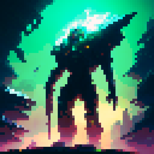 A towering, metallic quarterback with glowing green eyes, surrounded by pixelated, neon-colored NFL players on a futuristic, gridiron battlefield