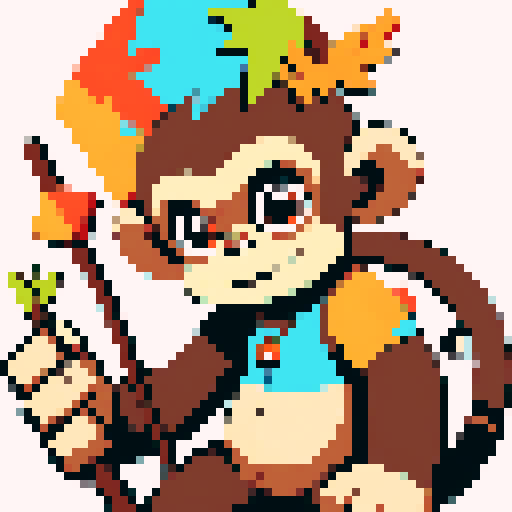 A monkey holding a branch, the monkey is made of wood, has a mechanical sense, the movement is squatting on the ground