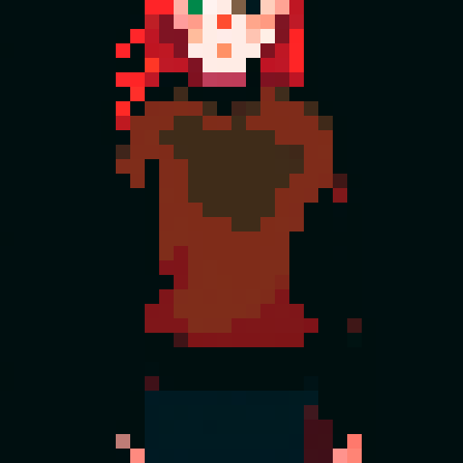 portrait of a mother, with vibrant red hair, gentle expression, and delicate freckles, captured in pixel art style, showcasing vibrant shades of red, green, and blue in sRGB color space, no background