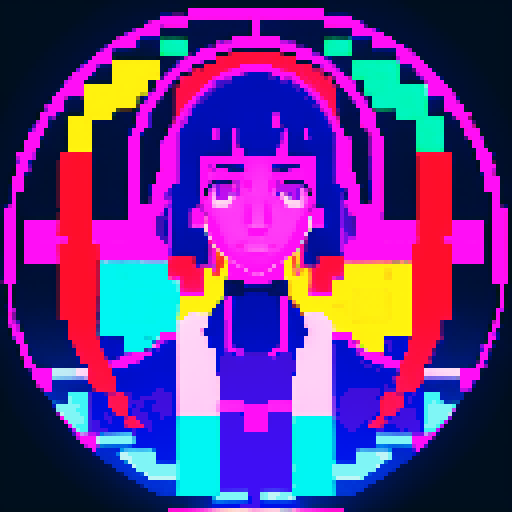 cyberpunk hacker girl, floating above a glowing gene bottle filled with swirling strands of DNA, rendered in pixel art with vibrant sRGB colors
