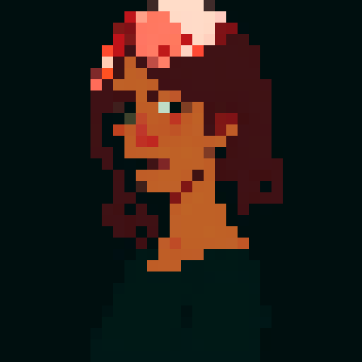 portrait of a mother, with vibrant red hair, gentle expression, and delicate freckles, captured in pixel art style, showcasing vibrant shades of red, green, and blue in sRGB color space, no background