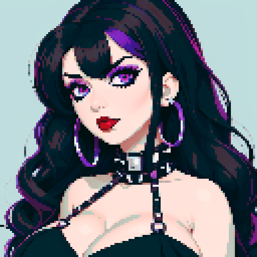 curvy, cute busty goth woman's face, whole head portrait, black hair, purple eyeshadow, red lipstick, low cut black halter top, studded collar, vibrant sRGB colors, pixel art, edgy aesthetic.