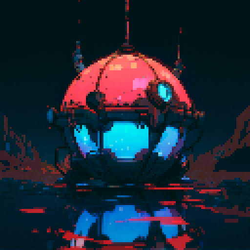 Sphere robotic, metallic sheen, glowing LED lights, mechanical limbs, retro-futuristic, geometric patterns, vibrant colors, low resolution, blocky pixels, 8-bit aesthetic, pixelated details, sharp edges, crisp lines, nostalgic video game vibe