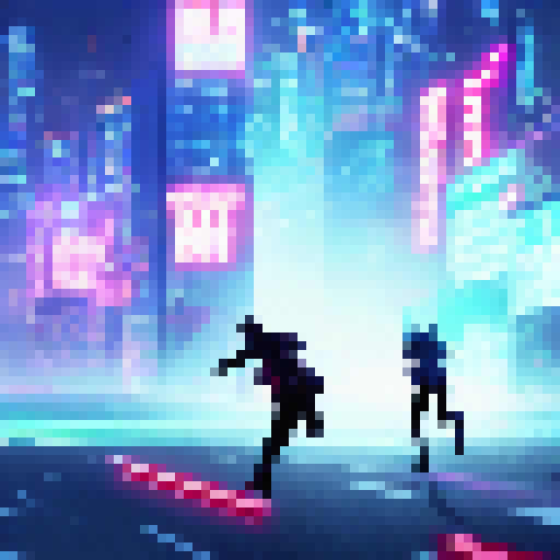 bot chasing a criminal through a neon-lit cityscape, with a cyberpunk art style and explosive action scenes.