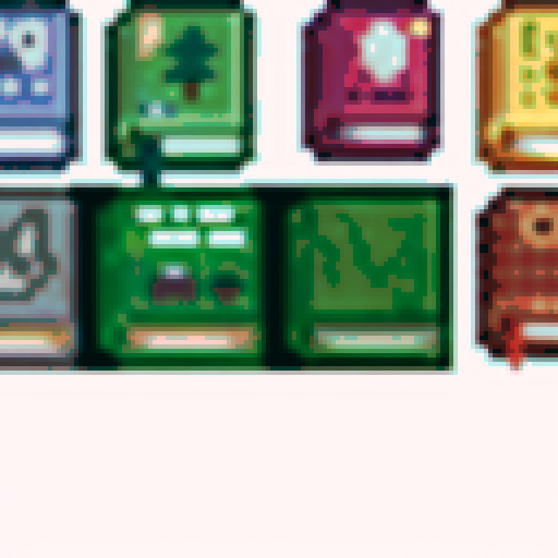 16 abstractly cute designed 14x15 pixel books in pastel tones, each with a fantasy cover themed of "attack_book, bomb_book, carpenter_catalogue, dagger_book, fishing_book, garbage_can_book, god_book, green_tea_book, immunity_book, lewis_shorts_book, luck_book, magnet_book, milk_book, ore_catalogue, rice_book, speed_book", showcasing a whimsical and vibrant fantasy RPG art style