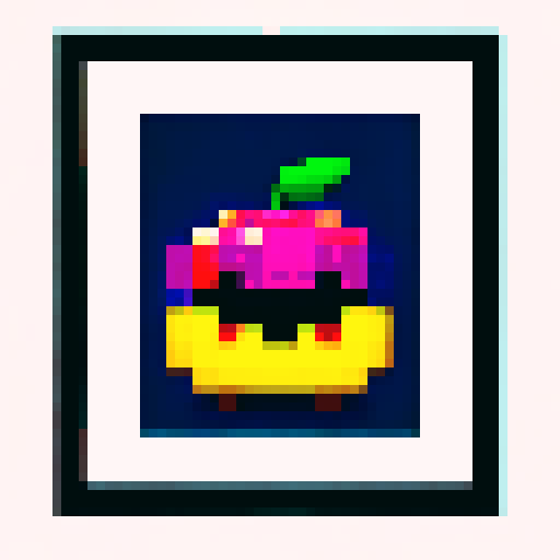 blueberry-made art frame, pixelated fruits in vibrant colors, void inside, dark background, sRGB