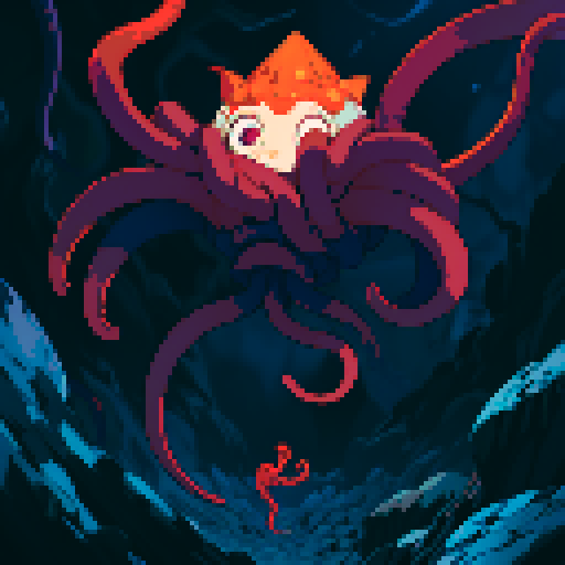 eldritch being, tentacles writhing, full body floating, brain pulsating, many eyes staring, eyeballs bulging, no humans, monsyer, sRGB pixel art