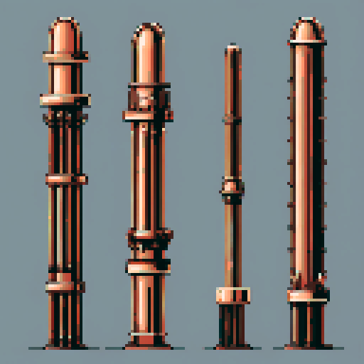 I want a tall vertical copper structure reminiscent of a organ pipe. It should have strange mechanical details that could interlock with each other. I also want this object usable an asset in a videogame, meaning only one object per image, outlined with a strong black stroke, on a solid-color background.