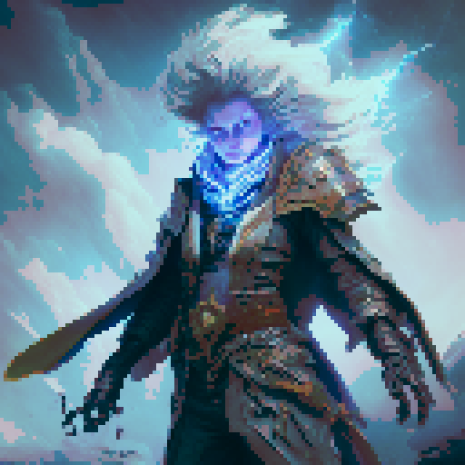 Here is the illustration of Thalrin Stormcaller, the powerful storm wizard from the CryptoWizards game. Thalrin is depicted with long, wild silver hair and piercing blue eyes that reflect his mastery over storm magic. He is adorned in a blue and white robe with lightning bolt motifs, holding a staff that constantly emits sparks, topped with a lightning bolt. The background shows a stormy sky with dark clouds and flashes of lightning, emphasizing his control over the elements. Thalrin's confident