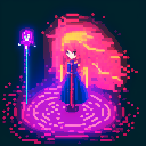  Mage anime girl with flowing hair, fluorescent tattoos, and a glowing staff,  floating in her evil lair