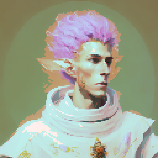 red headed male wizard with regal white robes, adorned with astrological symbols, in a pixel art style with vibrant sRGB colors
