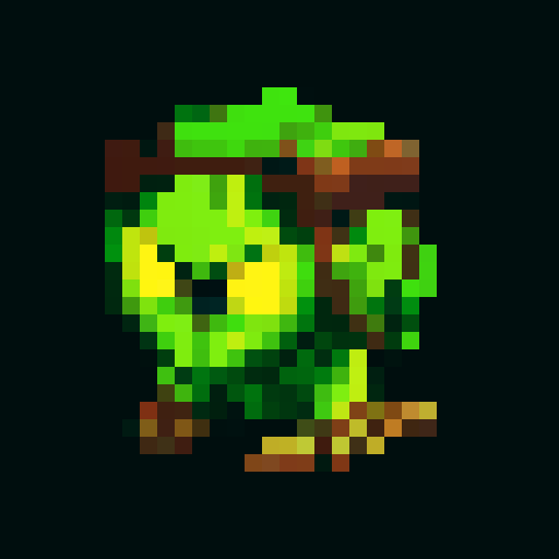 A vigilant guardian made of sturdy wood and roots, with sharp branches and glowing yellow eyes. It has a fierce expression and an imposing stance, dedicated to safeguarding the forest. No background.
