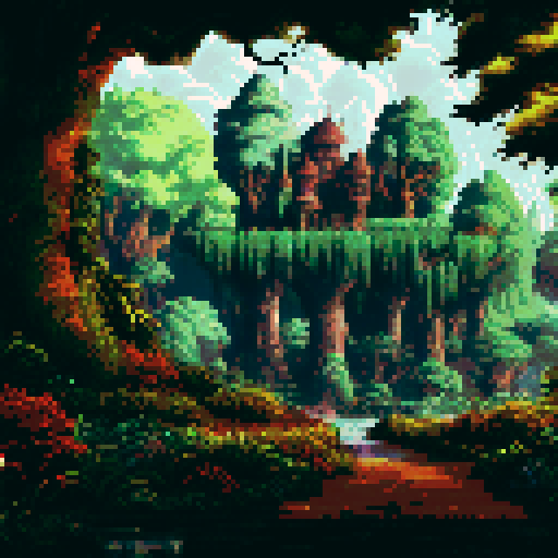 Tall, towering majestic trees, enormous treehouse, vibrant colors, dense foliage, pixelated leaves, intricate branches, serene background, sprawling landscape, sRGB palette