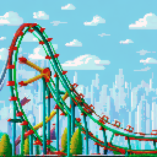 Amusement park, vibrant roller coasters, whimsical carousels, towering ferris wheels, sRGB colors, pixel art, detailed background, picturesque landscape
