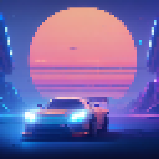 "Create a vibrant, retro-inspired pixel art car design with a sleek, aerodynamic body, bold racing stripes, and glowing neon accents against a futuristic, neon-lit cityscape backdrop."