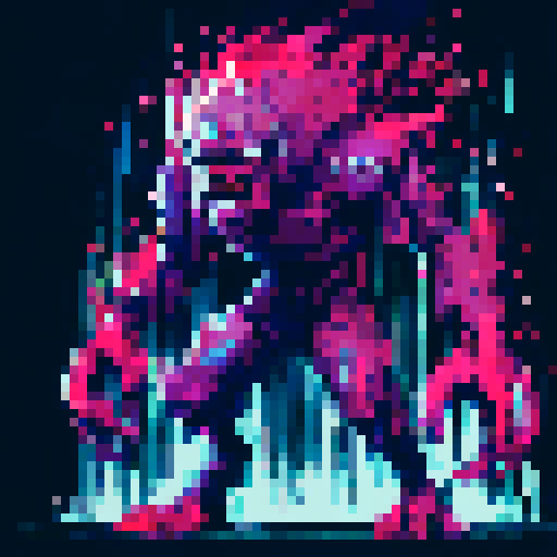 intimidating dark purple humanoid demon with many eyes, glitchy aura, fantasy RPG