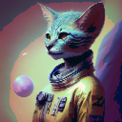 "Extraterrestrial feline with six spindly legs, rendered in a retro-futuristic style, lounging atop a floating metallic orb amidst a starry void."