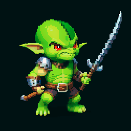 A battle-hardened goblin with scars, gladiator-style armor, and dual weapons. It has a determined expression and a stance ready for combat, showcasing its skills in the arena. No background.
