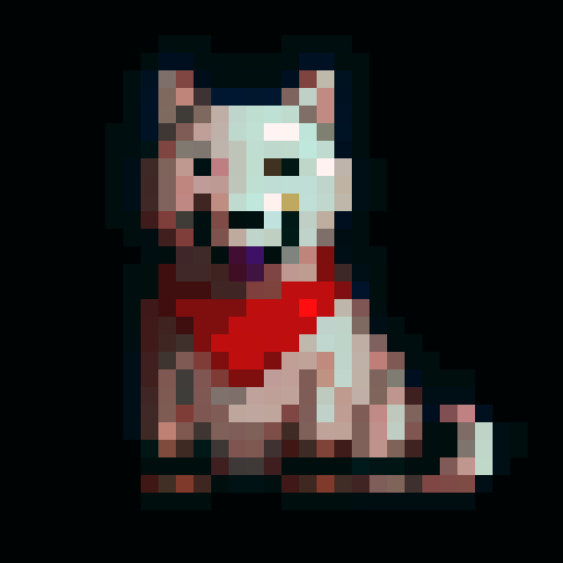 snowdog, white fur, blue eyes, wearing a golden crown, with a red scarf, pixelated art style, game icon, 32x32 pixels, sRGB, close-up portrait