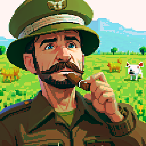 grizzled war veteran, cigar in mouth, grassy hill, jack russell terrier dog, peaceful farming village, pixel art, sRGB