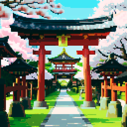 golden shinto shrine, torii gate, vibrant cherry blossom trees, lanterns glowing, traditional architecture, intricate details, large shimmering golden chest in background, pixel art, sRGB