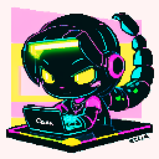 cute big head with indifferent facial expression, playing computer games, tables with coca cola, a large scorpion tail fully in the picture, bright yellow and cyan and pink lights