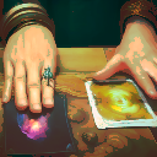 A close-up of a woman's hands over a table during a tarot card reading in a medieval dark style. The table is adorned with elements of the ocean such as sea shells, sand, and small pieces of coral. The atmosphere is mystical and dimly lit, with candlelight casting shadows that enhance the eerie and magical mood. The woman's hands are gracefully poised over the cards, which also have oceanic designs like waves and mermaids.