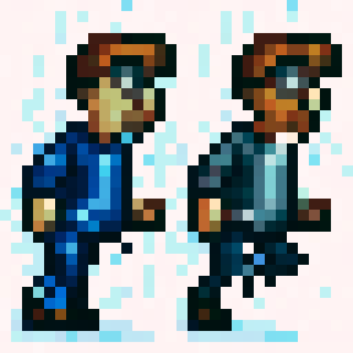 Platformer character, black hoodie and blue jeans, plain white background, determined expression, detailed shading and lighting, skillful game icon, 32x32 pixel art, sRGB