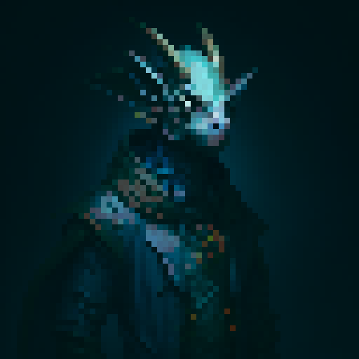 goblin-like kobold with glowing yellow eyes, horns, and scaly dark blue skin, wielding a curved bone dagger, wearing a dark cloak, fantasy RPG, dark and gritty