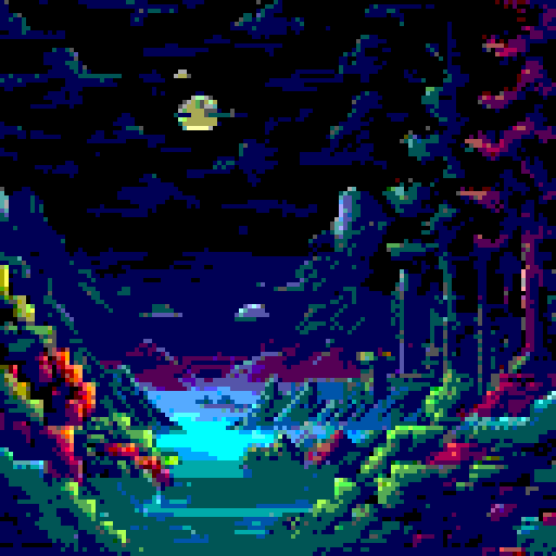 expansive night sky, large glowing moon, numerous stars, viewed from below, pixel art, sRGB, background, landscape, oil paint style