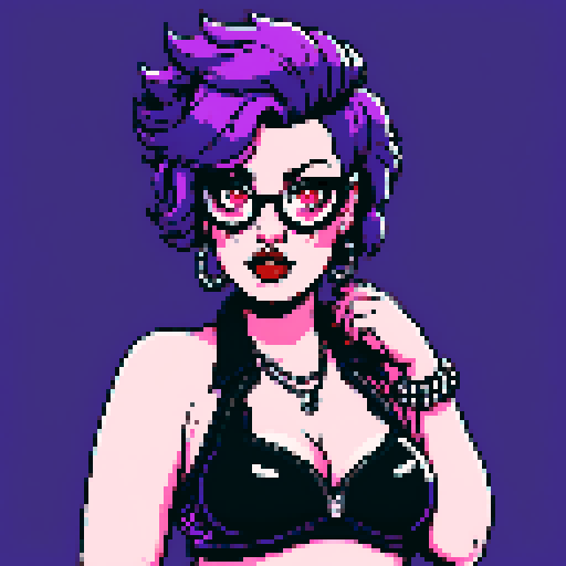 Plus size curvy, cute, busty greaser goth girl, with purple hair, black eyeshadow, red lipstick. Large breasts, wearing bikini and studded collar. Posing for sexy photo.  whole head portrait, avatar photo. vibrant sRGB colors, pixel art, edgy aesthetic