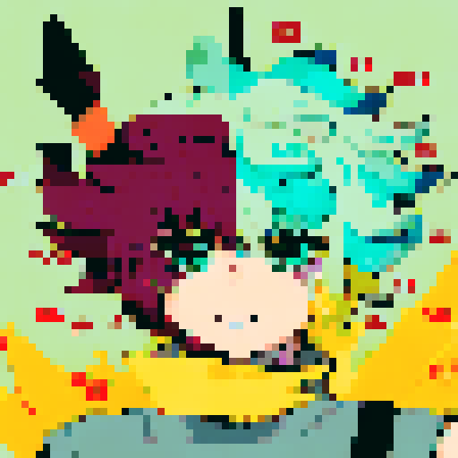 girl with vibrant pink hair, intense blue eyes, and a mischievous smile, depicted in a character portrait, close up, with an anime style and pixel art details