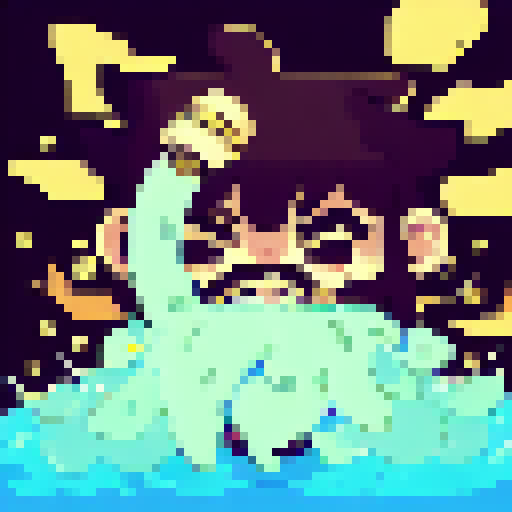 Blackbeard, pirate king, swaying on his ship's deck, engulfed by a sea of shining treasure and gold coins, immortalized in a dynamic, anime-influenced, pixel art character portrait.