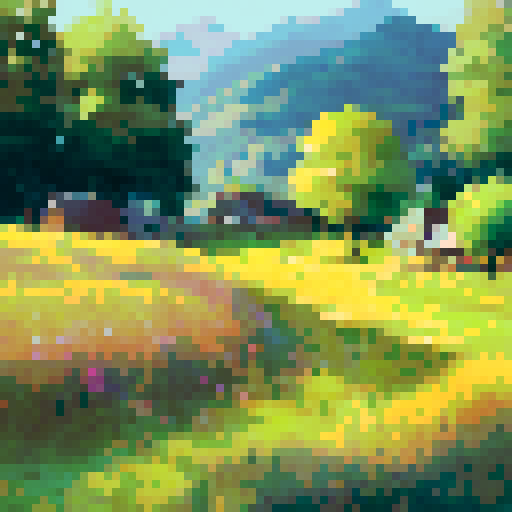 Golden wheat fields sway in the summer breeze as a quaint village nestled among small woods beckons in this warm, pastoral landscape portrait.