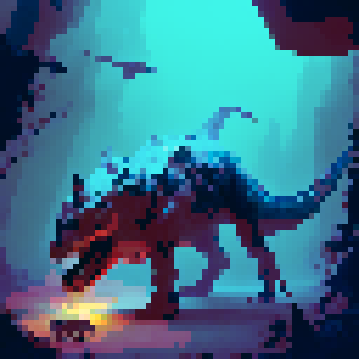 Fierce dinosaur with vibrant scales and sharp horns, battling a mythical creature in a lush, enchanted forest