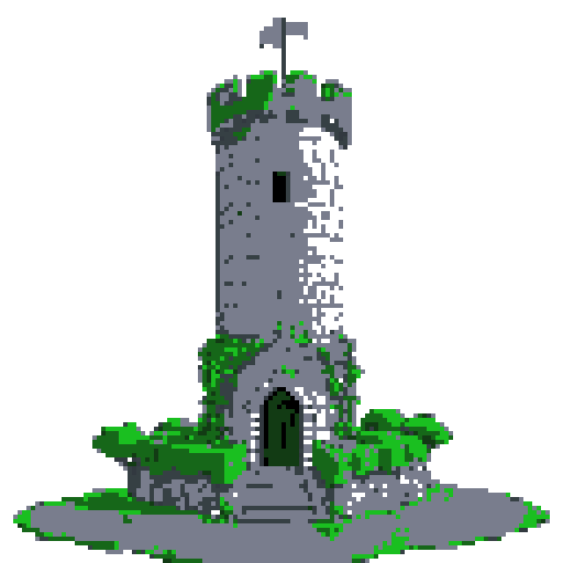 2d grey stone tower in an ancient english style. Old and crumbling but still upright. Green vines crisscross it. Usable as an asset (clear, thick lines and a white background). Put a black stroke around the composition