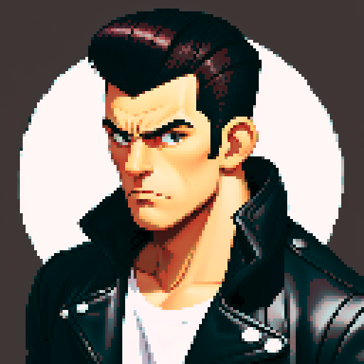 Muscular, tough greaser man with a pompadour hairstyle, wearing a classic motorcycle jacket, pixel art, sRGB colors, portrait, face avatar