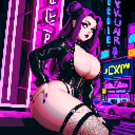 Thicc, curvy, seductive busty goth babe with studded collar, long purple hair in buns, fishnet stockings. Orgasmic aroused nude big titty goth in a close-up nude sexy pose, neon signage. sRGB