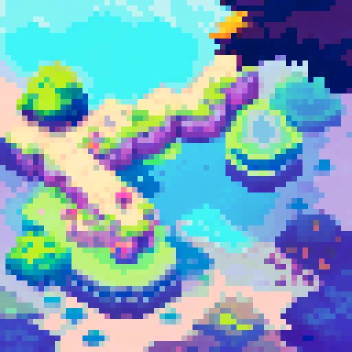 Palm trees sway in the hot wind, casting shadows on the gleaming glass facades of towering skyscrapers in Dubai that reach towards a bright blue sky, with a shimmering lake in the foreground, all rendered in a portrait pixel art style