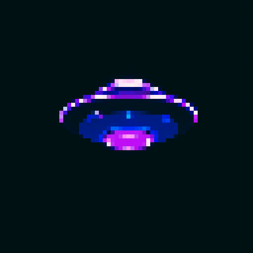 vibrant, twinkling lights; UFO with a limited sRGB color palette, rendered in pixel art, viewed from below at a diagonal angle