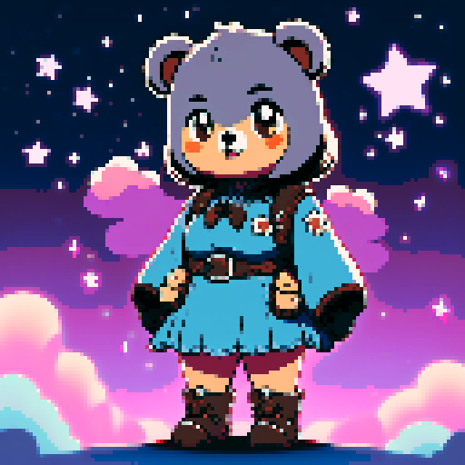 A graphic depiction of a chubby puffy bear in retro 1995 anime style, chibi form, half body, with expressive black eyes and brown fur, styled with long twin pigtails. Wearing magical clothes with intricate belts and patches. Background of a wild magic night with a dark waterfall and bright stars. Created Using: classic anime aesthetics, detailed magical garments, enchanting night setting, vivid portrayal, star reflections, dynamic composition, hd quality --ar 2:3 --v 6.0 niji