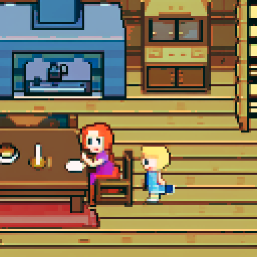 Cabin interior, table, kitchen, mother and son