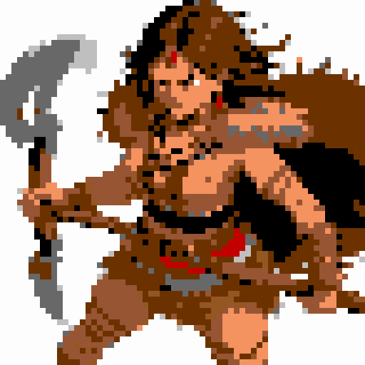 barbarian woman wielding an axe, with thick thighs, a chest, wearing tattered brown crop top without sleeves, a long brown fur cape held together by a silver circle, brown fur anklets, a short brown cloth skirt, barefoot, fangs, red stripes under her eyes, a red diamond painted on her forehead, red stripes on her arms, short black hair, tan skin, and red eyes, in an angry pose, depicted in pixel art with vibrant sRGB colors