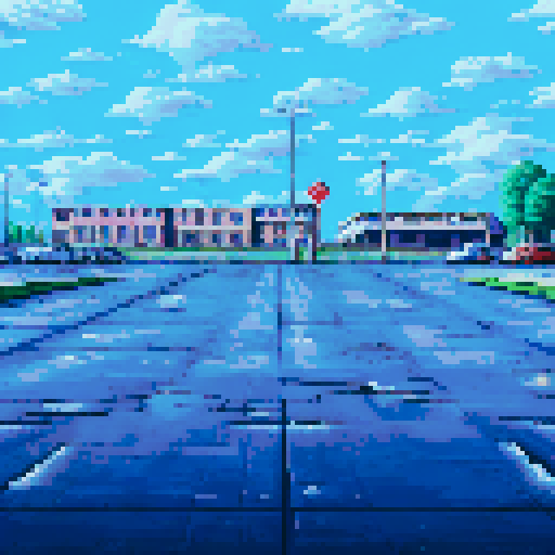 Huge vacant parking lot, cracked mossy pavement, faint light inside abandoned building, tall bright light posts, black sky, dark purple stars, sRGB, pixel art, background, landscape