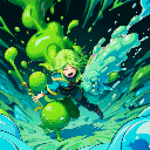 slime surging up around someone, slime engulfing a hero, slime consuming a hero, hero getting engulfed by slime, slime attack, dynamic, slime slamming into someone, impact, splashing slime, full-body image, full-body art, hero's hair and clothing color vary