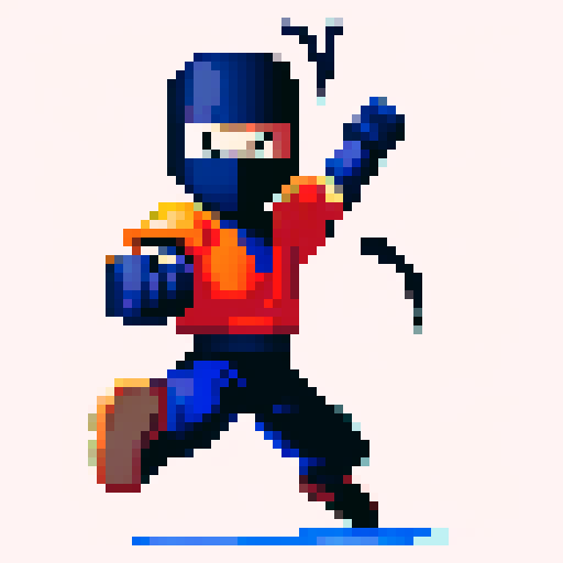 ninja jumping, vibrant colors, sharp edges, dynamic movement, 8-bit, low resolution, pixelated, contrasted shadows, intense action, bold outlines, limited color palette, retro video game style, high saturation, energetic poses, fast-paced, exaggerated motion, fluid animations