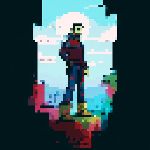 Hispanic man, heroic pose, confident expression, full body, pixel art, sRGB, solid color background